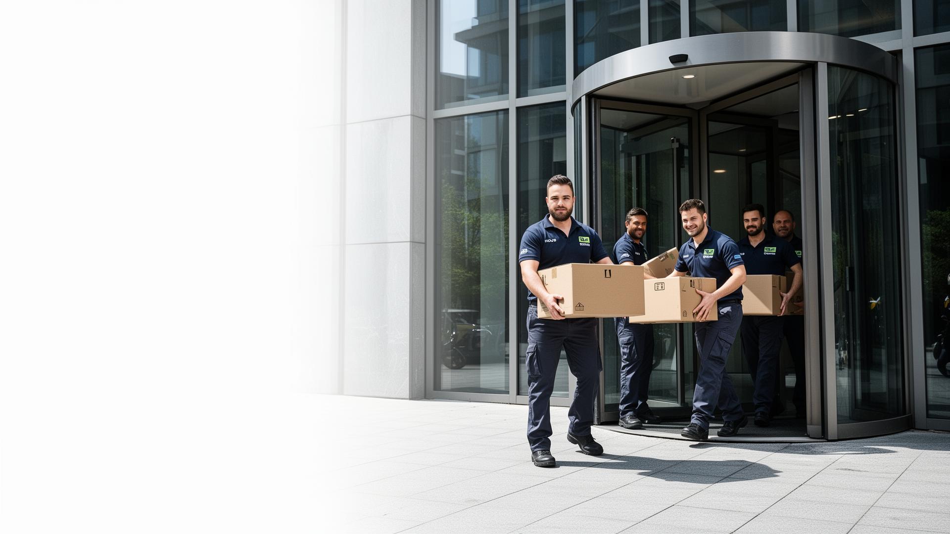 Shift Movers professional team carrying boxes into a modern building